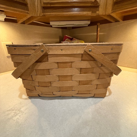 Vintage Woven Wood Picnic Basket with Red Gingham Lining & Hinged Lid – 16” Wide - Picture 1 of 6